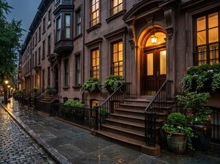 Fototapeta premium Brownstone townhouse entrance with potted plants on wet cobblestone street
