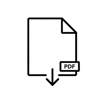 Minimalist white outline icon of a PDF document with a downward download arrow on a solid black background.