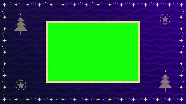 Christmas frame features a centered green screen rectangle bordered by stylized pine trees and star icons on a textured dark purple backdrop.