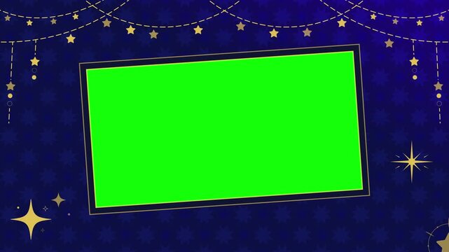 Rectangle frame displays a vibrant green screen area surrounded by festive hanging stars against a dark blue gradient background for digital content production.