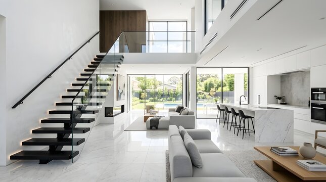 Luxurious modern open plan interior with floating staircase in spacious white contemporary villa interior staircase architecture