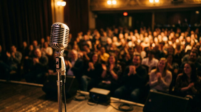 Vintage microphone on stage in front of applauding audience, concert hall ambiance