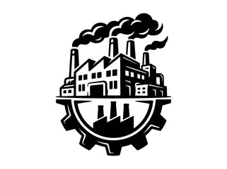 Obraz premium Manufacturing Industrial Factory Logo with Smoking Chimneys on Gear - Black and White Stylized Vector Art