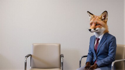 Naklejka premium Fox in suit holds clipboard, sits waiting in sterile office chair.