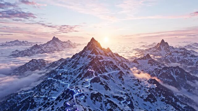 Majestic snow capped mountain range at sunrise, illuminated by glowing blue digital network lines across slopes, above clouds