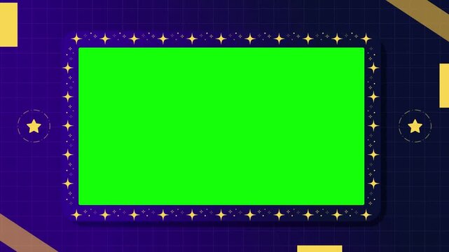Star-studded rectangular frame sits atop a dark blue grid background with golden corner accents.