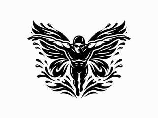 Fototapeta premium Black White Stylized Swimmer with Butterfly Wings and Water Splash