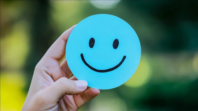 Hand holds bright blue smiley face sticker. Soft green blur forms background. Simple, cheerful design captured in daylight. Natural lighting highlights sticker's smooth surface