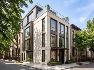 Fototapeta premium Modern corner townhouse with glass rooftop terrace and trees