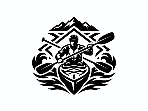Kayaking Icon, Black  White Vector Art, Mountain  Water Sport