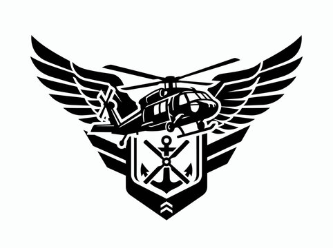 Military Helicopter Emblem with Anchor and Wings - Black  White Vector Art