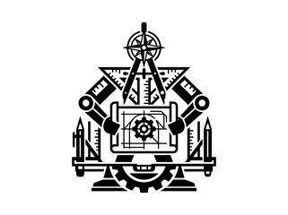 Naklejka premium Architectural and Engineering Robot Glyph with Drafting Tools and Blueprint - Black White Vector
