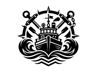 Obraz premium Maritime Ship and Anchors Emblem with Compass Rose - Black and White Vector Glyph Logo Icon