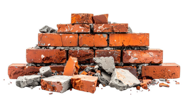 A pile of broken bricks and concrete rubble against a dark backdrop. isolated on white background