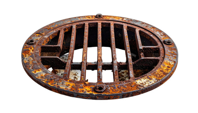 A close-up shot of a weathered, circular metal grate with prominent rust. isolated on white background