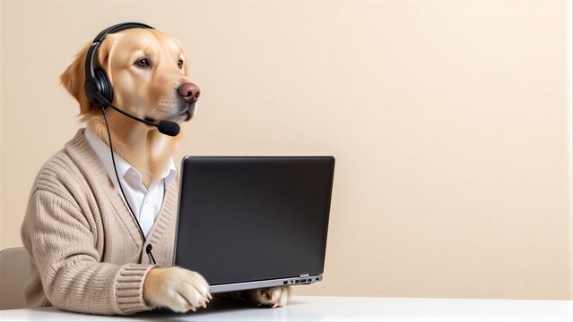 Golden retriever in headset, working at laptop like a professional.