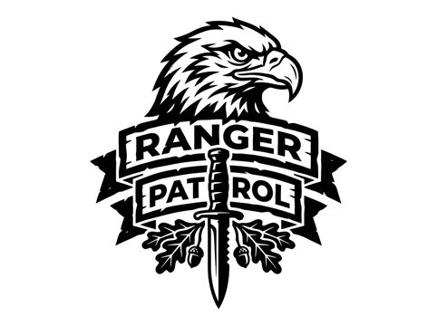 Military Ranger Patrol Emblem with Eagle Head, Dagger, and Oak Leaves in Black  White Graphic Style