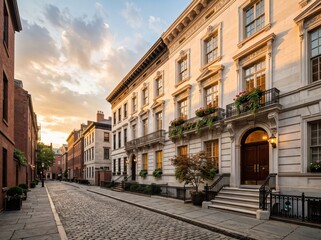 Fototapeta premium Sunset street with white townhouse facades and flower balconies