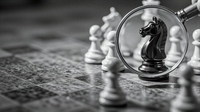 Magnifying glass focuses on chess knight, symbolizing strategic scrutiny in game of wits.