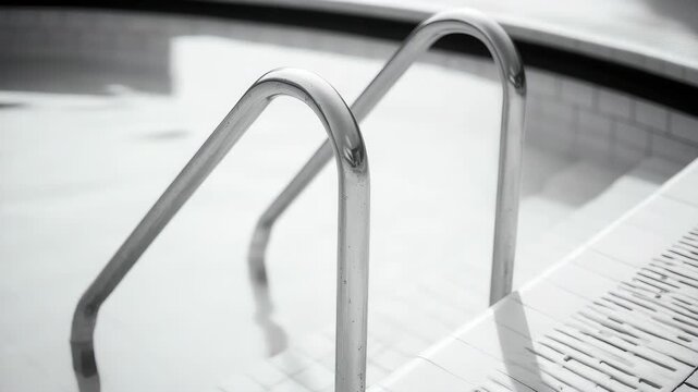 Metal safety handrail on concrete steps by poolside.