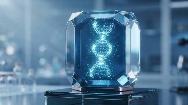 Digital dna helix glowing inside futuristic crystalline container