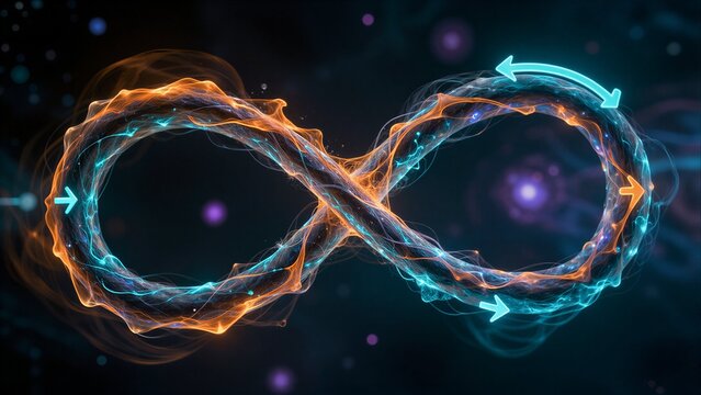 Infinite loop of vibrant blue and orange energy, swirling with cosmic particles.