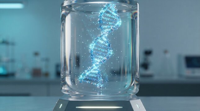 Digital dna helix illuminated inside laboratory container for scientific research
