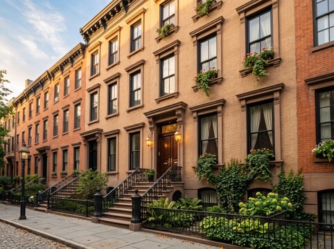Brownstone row houses with window planters and street garden