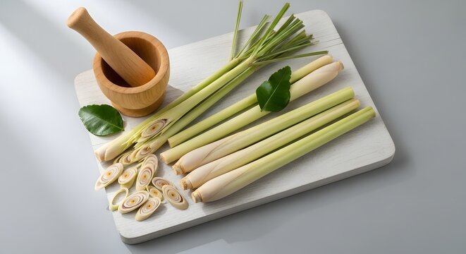 Lemongrass and Kaffir Lime Leaves Prepared for Asian Cooking with Mortar Pestle
