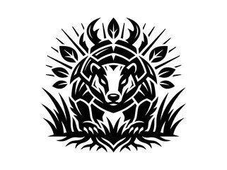 Fototapeta premium Black and White Badger Tribal Emblem in Grass - Wildlife Art