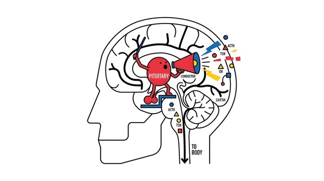 Conceptual illustration of the pituitary gland releasing hormones and signaling the body inside a human brain outline.