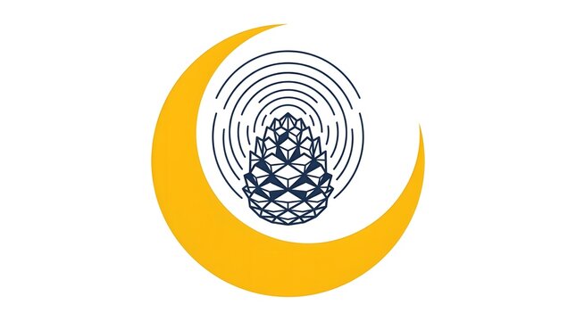 Minimalist vector logo illustration of a pinecone with crescent moon and halo rings isolated on white background.