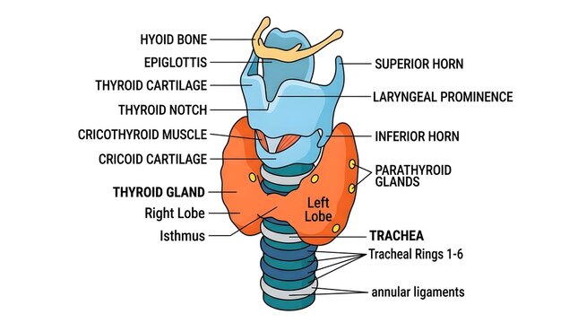 Anatomical Diagram of the Human Thyroid Gland and Laryngeal Structure with Labeled Anatomical Parts.