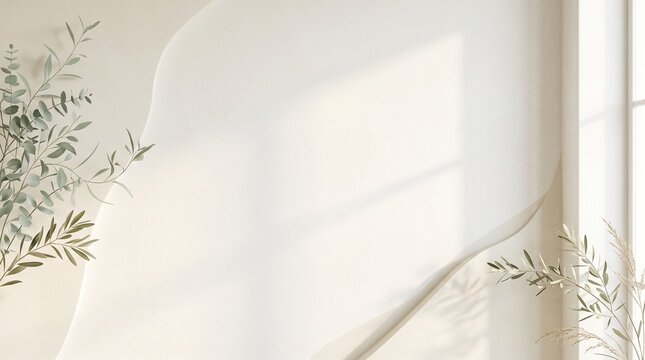 Minimalist warm beige background with eucalyptus leaves and soft window sunlight shadow with copy space