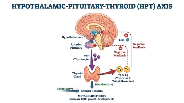 Medical diagram explaining the hypothalamic pituitary thyroid axis function and hormone feedback system.