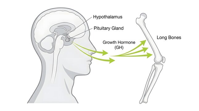 Medical illustration of growth hormone regulation showing brain pituitary gland and long bones pathway.