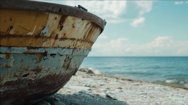 The shows an old rusted boat sitting on a rocky beach with the ocean in the background under a partly cloudy sky.