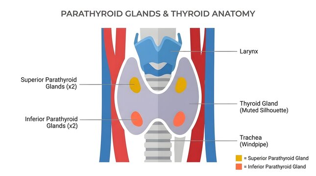 Medical diagram illustrating human parathyroid glands and thyroid anatomy with labels.