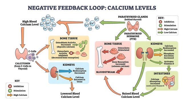 Medical diagram illustrating the negative feedback loop of calcium levels regulated by calcitonin and parathyroid hormone.