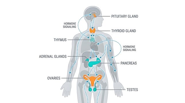 Medical illustration of the human endocrine system showing major glands and hormone signaling.
