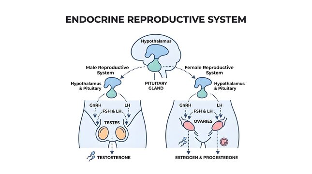 Diagram of the human endocrine reproductive system showing male and female hormone regulation pathway.