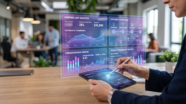 Business analyst reviewing shopping cart analytics and customer journey map on tablet with floating holographic display, conversion rate graphs, product performance metrics