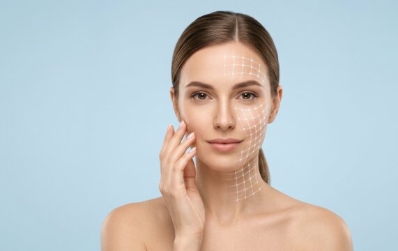 Young woman touching face with mesh facial grid overlay for cosmetic treatment cosmetic skincare treatment wellness