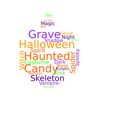Obraz premium Halloween Word Cloud Illustration Shaped as Pumpkin, Python Generated Graphic Representing Festive Spooky Autumn Concept