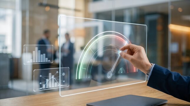 Professional Hand Adjusting Futuristic Holographic Dashboard with Speedometer and Data Charts in Modern Office Setting