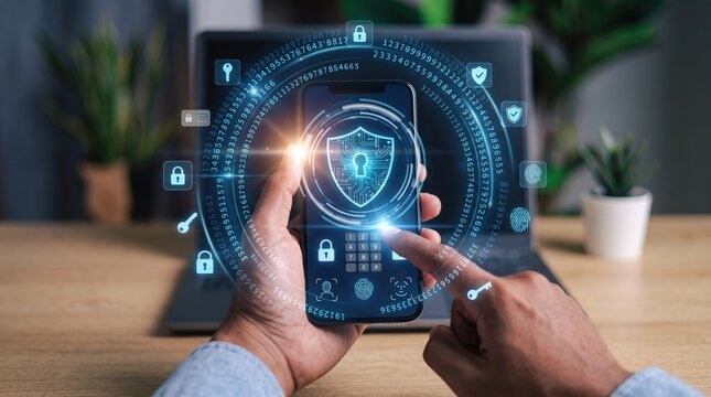 Smartphone cybersecurity protection with glowing shield and lock icons, biometric fingerprint authentication and encrypted data rings surrounding mobile device held by human hands