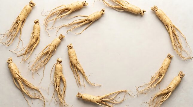American ginseng roots arranged in a circle on a clean light background for an overhead view of organic traditional medicinal herbs used for wellness
