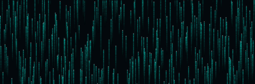 Glowing cyan digital matrix rain banner with dense vertical data trails, symbolizing big data stream, cyber technology, and software development