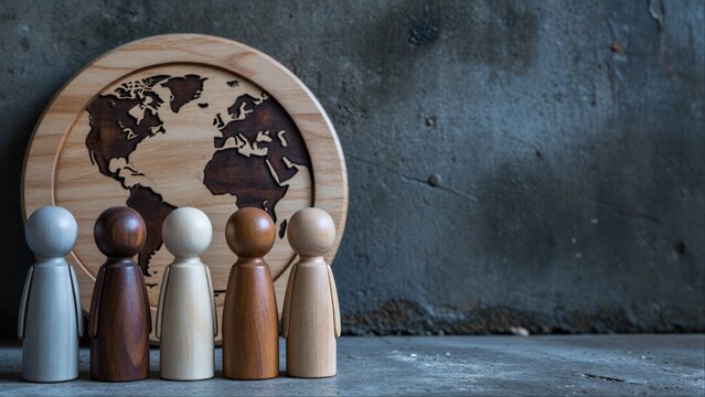 Wooden figures stand before a world map, symbolizing global unity and diversity.