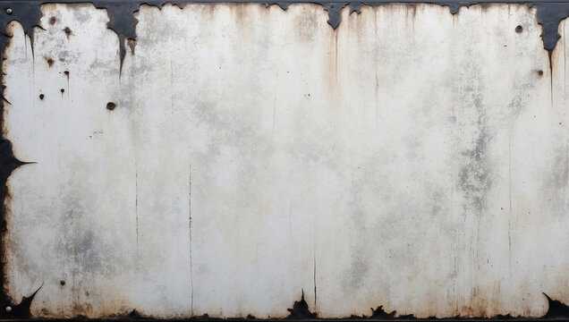 Peeled dark metal frame with rusted edges over white metallic sheet